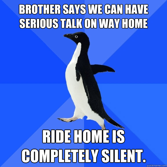 Brother says we can have serious talk on way home ride home is completely silent.   Socially Awkward Penguin