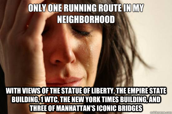only one running route in my neighborhood with views of the statue of liberty, the empire state building, 1 WTC, the new york times building, and three of manhattan's iconic bridges  First World Problems