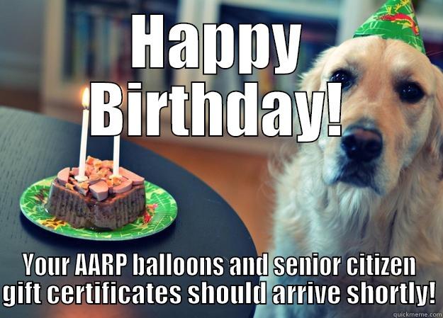 Old person's birthday. - HAPPY BIRTHDAY! YOUR AARP BALLOONS AND SENIOR CITIZEN GIFT CERTIFICATES SHOULD ARRIVE SHORTLY! Sad Birthday Dog