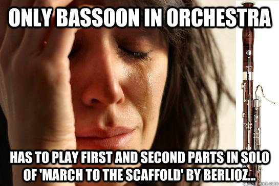 Only bassoon in orchestra Has to play first and second parts in solo of 'march to the scaffold' by berlioz...  First Chair Problems bassoon