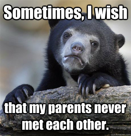 Sometimes, I wish that my parents never met each other.  Confession Bear