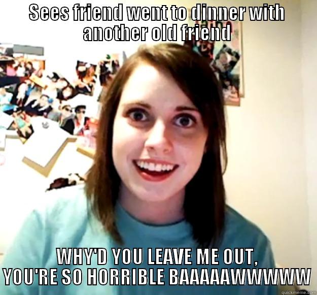 SEES FRIEND WENT TO DINNER WITH ANOTHER OLD FRIEND WHY'D YOU LEAVE ME OUT, YOU'RE SO HORRIBLE BAAAAAWWWWW Overly Attached Girlfriend