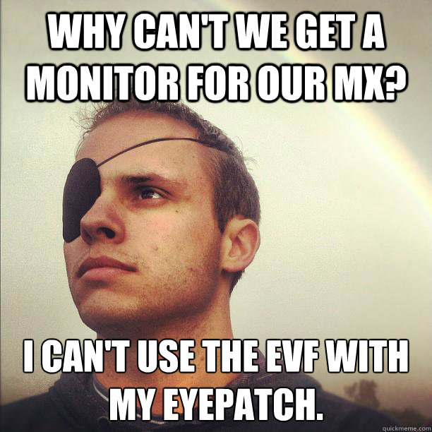 Why can't we get a monitor for our MX? I can't use the EVF with my eyepatch. - Why can't we get a monitor for our MX? I can't use the EVF with my eyepatch.  Pirate Mitch