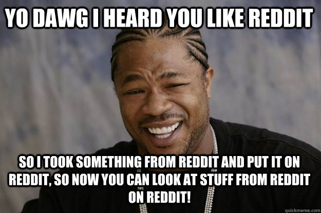 Yo dawg I heard you like Reddit So I took something from Reddit and put it on Reddit, so now you can look at stuff from reddit on reddit!  Xzibit meme