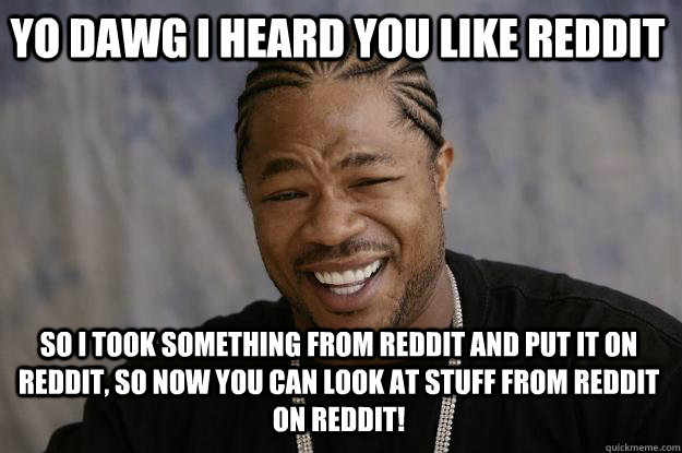 Yo dawg I heard you like Reddit So I took something from Reddit and put it on Reddit, so now you can look at stuff from reddit on reddit! - Yo dawg I heard you like Reddit So I took something from Reddit and put it on Reddit, so now you can look at stuff from reddit on reddit!  Xzibit meme