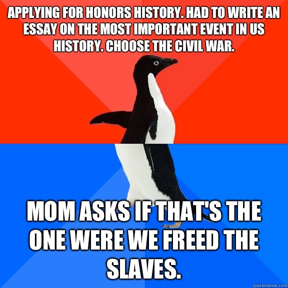 Applying for honors history. Had to write an essay on the most important event in US history. Choose the civil war. Mom asks if that's the one were we freed the slaves.  Socially Awesome Awkward Penguin