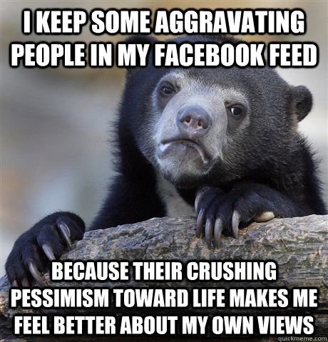 I keep some aggravating people in my facebook feed because their crushing pessimism toward life makes me feel better about my own views  Confession Bear