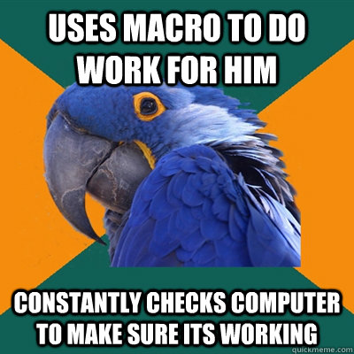Uses macro to do work for him constantly checks computer to make sure its working - Uses macro to do work for him constantly checks computer to make sure its working  Paranoid Parrot