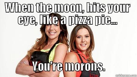 WHEN THE MOON, HITS YOUR EYE, LIKE A PIZZA PIE...                          YOU'RE MORONS.               Misc