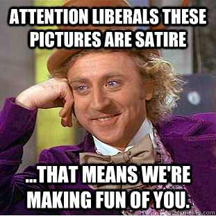 Attention Liberals These pictures are Satire ...That means we're making fun of you.  Psychotic Willy Wonka