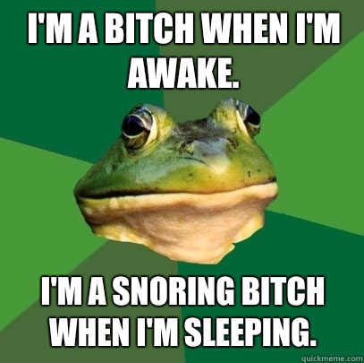 I'm a bitch when I'm awake. I'm a snoring bitch when I'm sleeping.  Foul Bachelor Frog