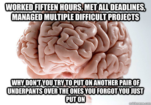 Worked fifteen hours, met all deadlines, managed multiple difficult projects Why don't you try to put on another pair of underpants over the ones you forgot you just put on - Worked fifteen hours, met all deadlines, managed multiple difficult projects Why don't you try to put on another pair of underpants over the ones you forgot you just put on  Scumbag Brain