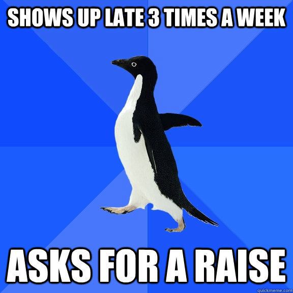 Shows up late 3 times a week Asks for a raise  Socially Awkward Penguin