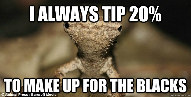 I ALWAYS tip 20% tO MAKE UP FOR THE BLACKS - I ALWAYS tip 20% tO MAKE UP FOR THE BLACKS  Misc