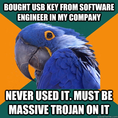 Bought USB key from Software Engineer in my company Never used it. Must be massive trojan on it  Paranoid Parrot