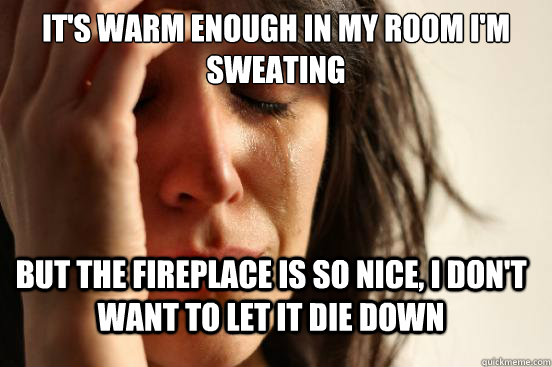 It's warm enough in my room I'm sweating but the fireplace is so nice, I don't want to let it die down  First World Problems