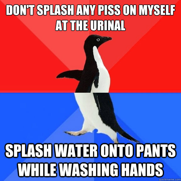 Don't splash any piss on myself at the urinal Splash water onto pants while washing hands  Socially Awksome Penguin