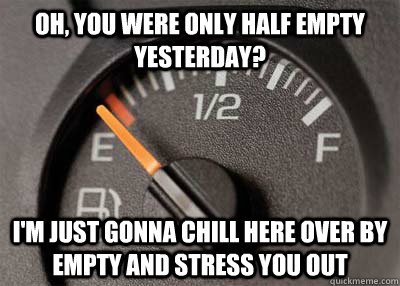 oh, you were only half empty yesterday? i'm just gonna chill here over by empty and stress you out  Scumbag Fuel Gauge