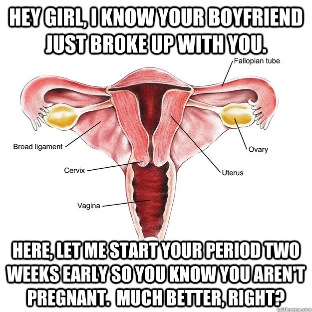 Hey girl, I know your boyfriend just broke up with you. Here, let me start your period two weeks early so you know you aren't pregnant.  Much better, right? - Hey girl, I know your boyfriend just broke up with you. Here, let me start your period two weeks early so you know you aren't pregnant.  Much better, right?  Misc