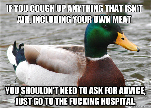 If you cough up anything that isn't air, including your own meat You shouldn't need to ask for advice, just go to the fucking hospital. - If you cough up anything that isn't air, including your own meat You shouldn't need to ask for advice, just go to the fucking hospital.  Actual Advice Mallard