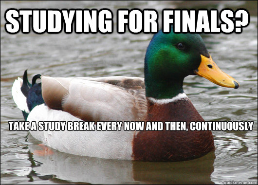 Studying for finals? Take a study break every now and then, continuously studying only causes fatigue and ineffective studying.  Actual Advice Mallard