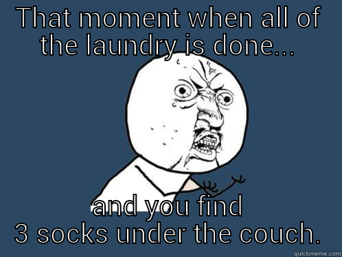 THAT MOMENT WHEN ALL OF THE LAUNDRY IS DONE... AND YOU FIND 3 SOCKS UNDER THE COUCH. Y U No