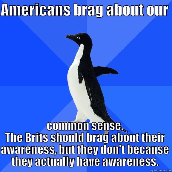 AMERICANS BRAG ABOUT OUR  COMMON SENSE. THE BRITS SHOULD BRAG ABOUT THEIR AWARENESS, BUT THEY DON'T BECAUSE THEY ACTUALLY HAVE AWARENESS. Socially Awkward Penguin
