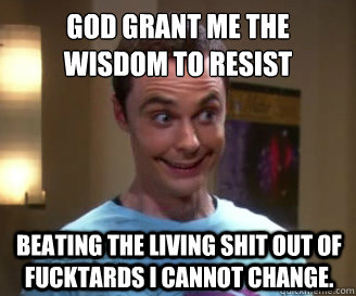 god grant me the wisdom to resist  beating the living shit out of fucktards I cannot change.  Smiling Sheldon