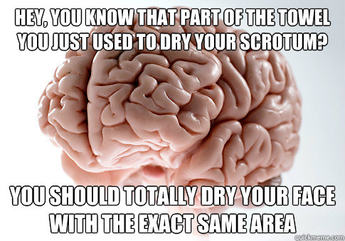 HEY, YOU KNOW THAT PART OF THE TOWEL YOU JUST USED TO DRY YOUR SCROTUM? YOU SHOULD TOTALLY DRY YOUR FACE WITH THE EXACT SAME AREA  Scumbag Brain