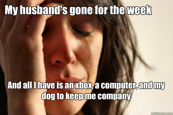 My husband's gone for the week And all I have is an xbox, a computer, and my dog to keep me company - My husband's gone for the week And all I have is an xbox, a computer, and my dog to keep me company  First World Problems