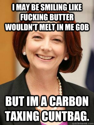 i may be smiling like fucking butter wouldn't melt in me gob but im a carbon taxing cuntbag.  Julia Gillard