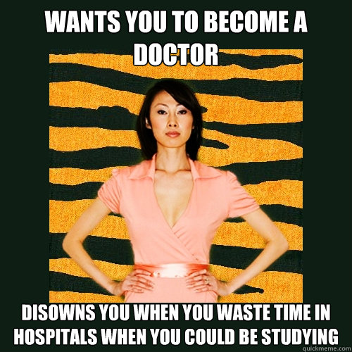 Wants you to become a doctor Disowns you when you waste time in hospitals when you could be studying  Tiger Mom