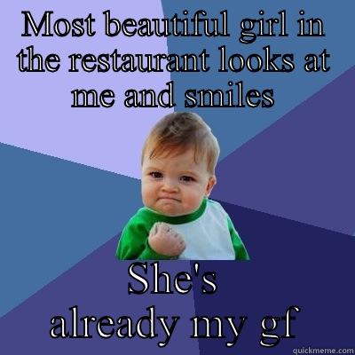 MOST BEAUTIFUL GIRL IN THE RESTAURANT LOOKS AT ME AND SMILES SHE'S ALREADY MY GF Success Kid