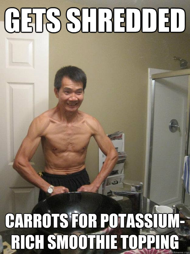 Gets shredded carrots for potassium-rich smoothie topping  - Gets shredded carrots for potassium-rich smoothie topping   The Strongest Asian Man in the World