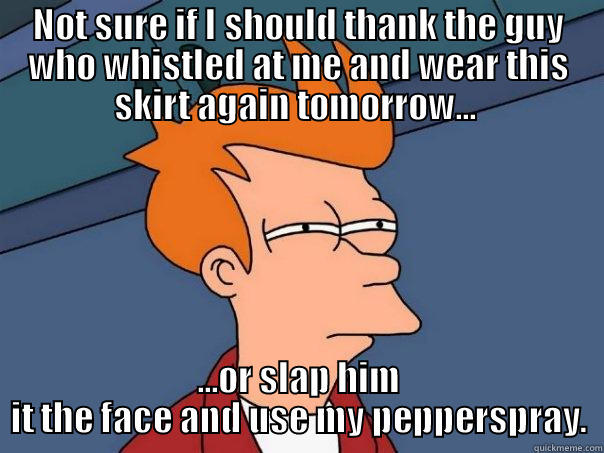 NOT SURE IF I SHOULD THANK THE GUY WHO WHISTLED AT ME AND WEAR THIS SKIRT AGAIN TOMORROW...  ...OR SLAP HIM IT THE FACE AND USE MY PEPPERSPRAY. Futurama Fry