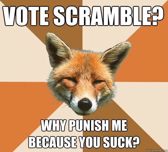 Vote Scramble?
 Why punish me 
because you suck?  Condescending Fox