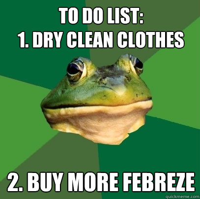 To do list:
1. Dry clean clothes 2. buy more febreze  Foul Bachelor Frog