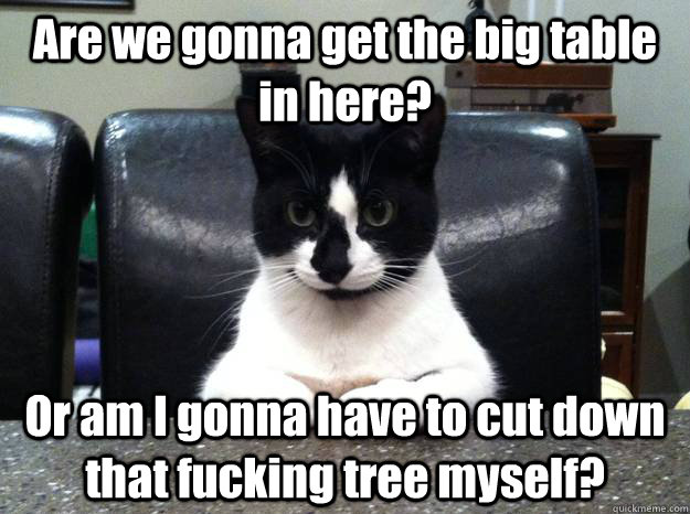 Are we gonna get the big table in here? Or am I gonna have to cut down that fucking tree myself? - Are we gonna get the big table in here? Or am I gonna have to cut down that fucking tree myself?  World Domination Cat