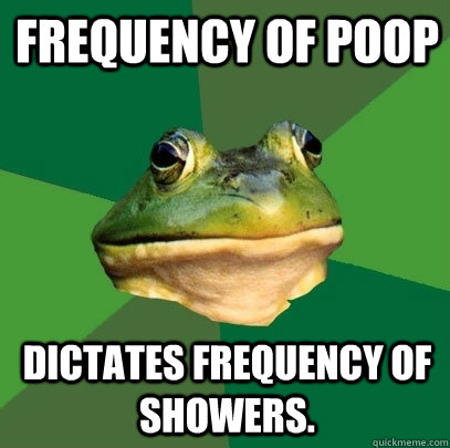Frequency of poop dictates frequency of showers.  Foul Bachelor Frog