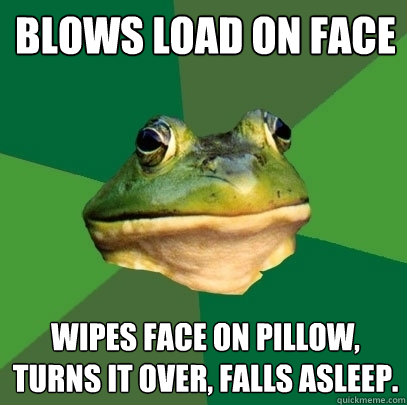 blows load on face wipes face on pillow, turns it over, falls asleep.  Foul Bachelor Frog