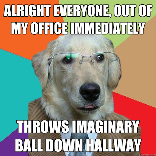 Alright everyone, out of my office immediately throws imaginary ball down hallway  Business Dog