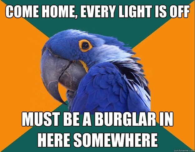 Come home, every light is off Must be a burglar in here somewhere   Paranoid Parrot