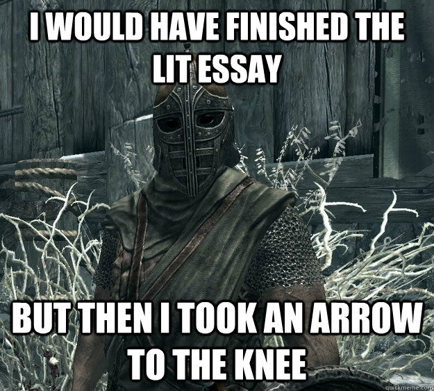 I would have finished the Lit essay But then I took an arrow to the knee  Skyrim Guard