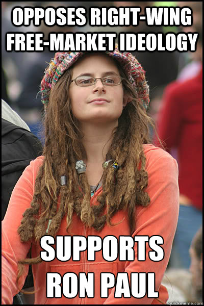 Opposes right-wing free-market ideology Supports 
Ron Paul - Opposes right-wing free-market ideology Supports 
Ron Paul  Bad Argument Hippie