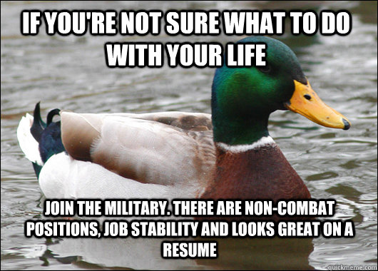 If you're not sure what to do with your life Join the military. There are non-combat positions, job stability and looks great on a resume  Actual Advice Mallard