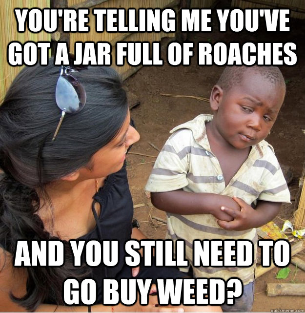 You're telling me you've got a jar full of roaches and you still need to go buy weed?  Skeptical Third World Kid