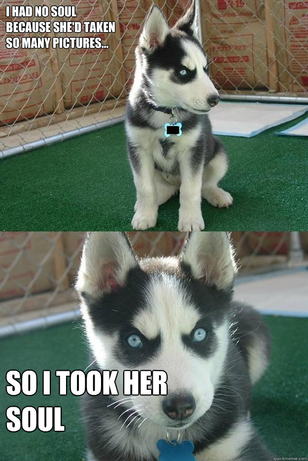 I had no soul
because she'd taken 
so many pictures... so i took her 
soul  Insanity puppy