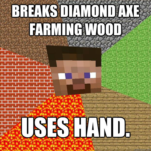 Breaks diamond axe farming wood Uses hand.  Minecraft