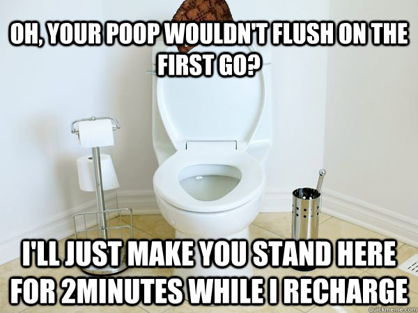 Oh, your poop wouldn't flush on the first go? I'll just make you stand here for 2minutes while i recharge  