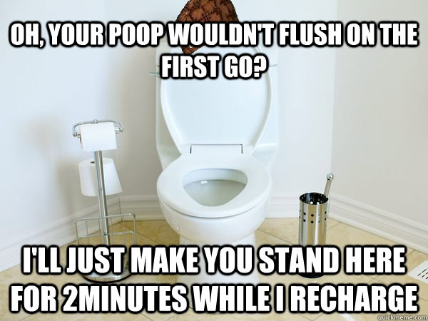 Oh, your poop wouldn't flush on the first go? I'll just make you stand here for 2minutes while i recharge  Scumbag Toilet